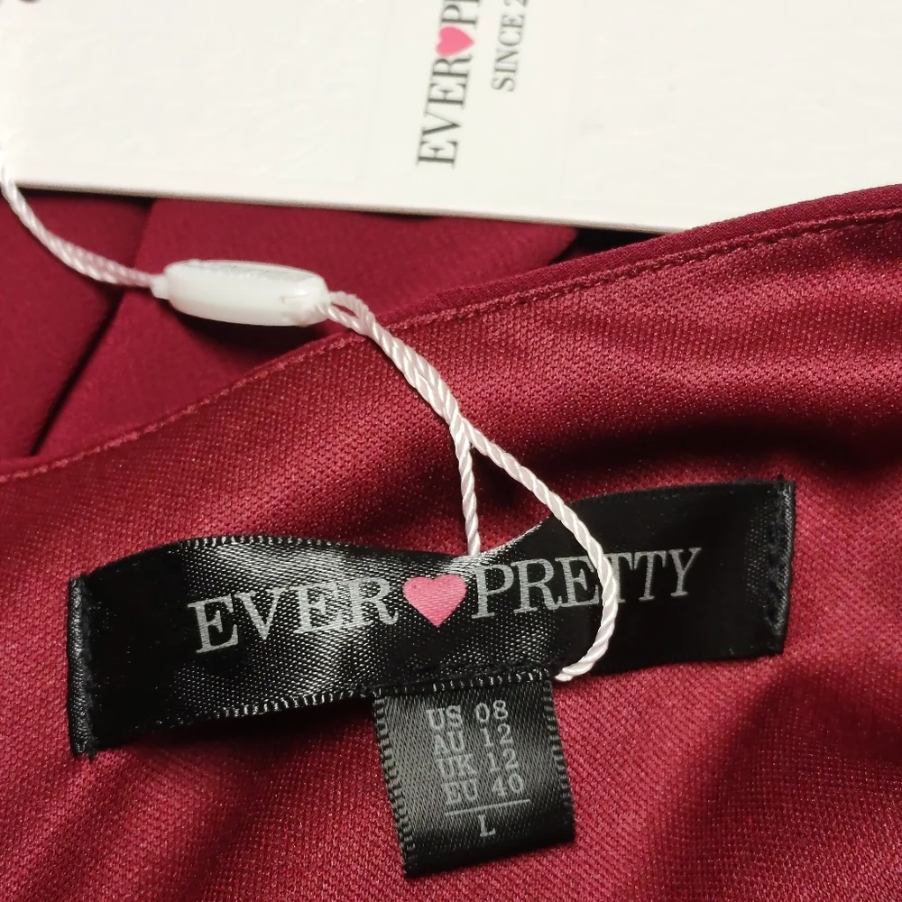 Ever Pretty Burgundy Chiffon Midi Dress US 8 V-Neck Ruffle Sleeves Size L NWT - Picture 10 of 11